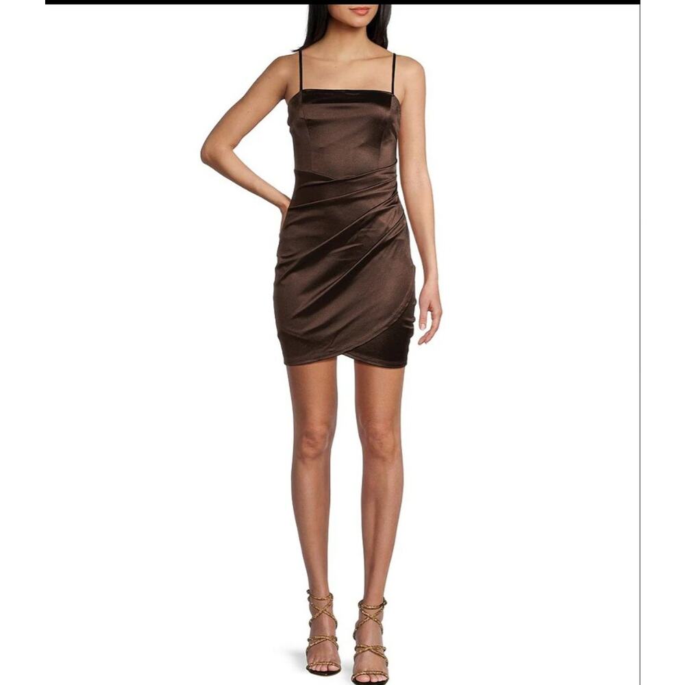 Honey and Rosie Satin Ruched Mini Dress Brown Spaghetti Strap Size Small Y2K